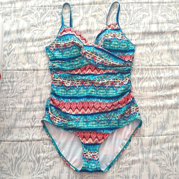 Jantzen One Piece Swimsuit Multicolor Cross Front Padded Blue Pink Full Back - Picture 1 of 6
